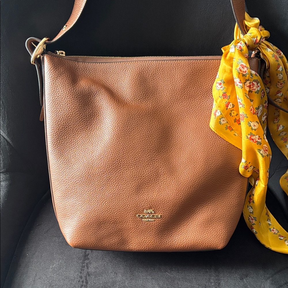 Brand new Coach Tan Leather Shoulder Bag with free Yellow Floral Accent scarf